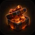 Premium glossy 3D icon of an open stone gift box filled with blank copper coins on a dark basalt background with amber rim li
