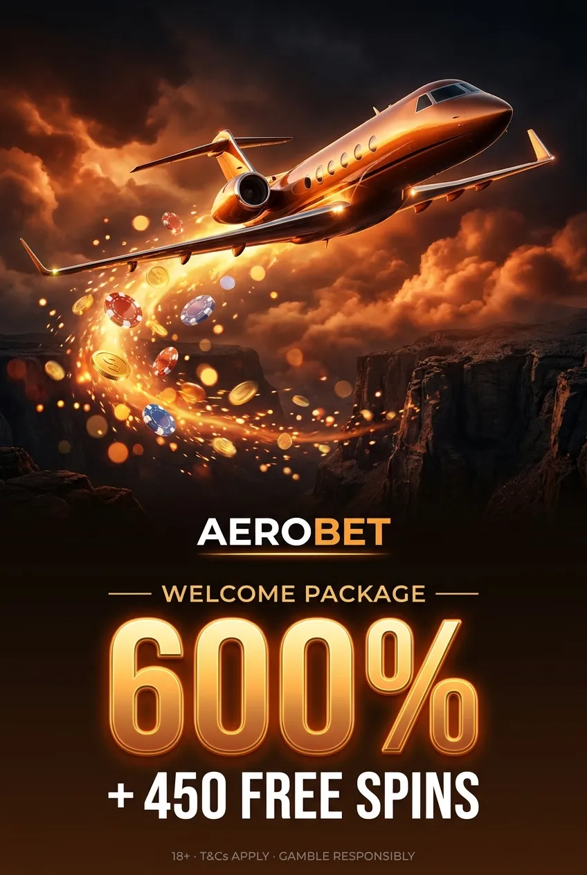 Premium cinematic casino promo poster with copper-gold private jet soaring through ember clouds above dark basalt canyon, tra