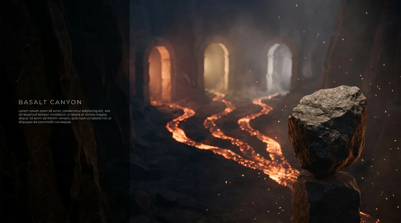 Cinematic dark basalt canyon at dusk with glowing ember trails leading to three illuminated stone archways in copper, amber, 