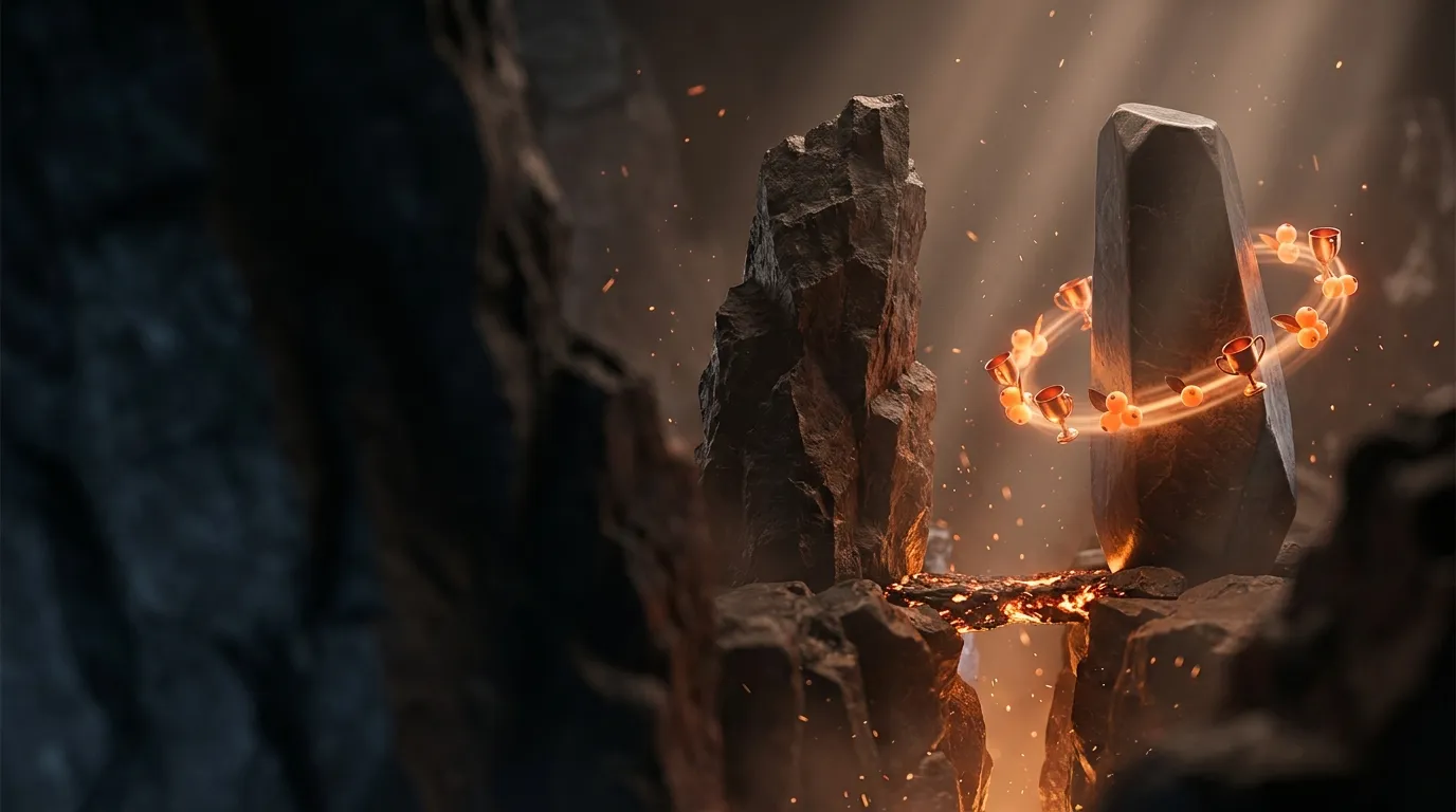 Two basalt monoliths face each other across a chasm joined by a glowing ember bridge, with floating berries and trophy cups o