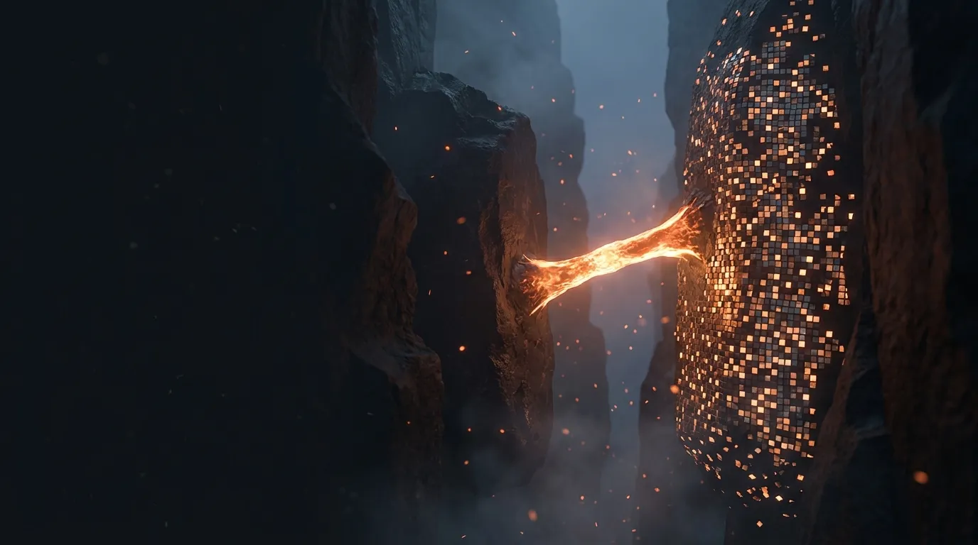 Two basalt monoliths face each other across a narrow chasm connected by a glowing ember bridge, right monolith studded with l