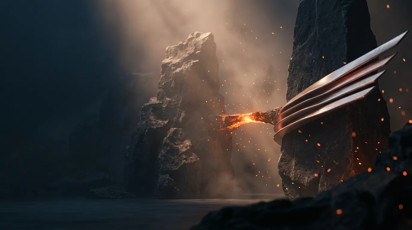 Cinematic 3D render of two basalt monoliths flanking a glowing ember bridge, right pillar with sleek silver-copper fins, volu