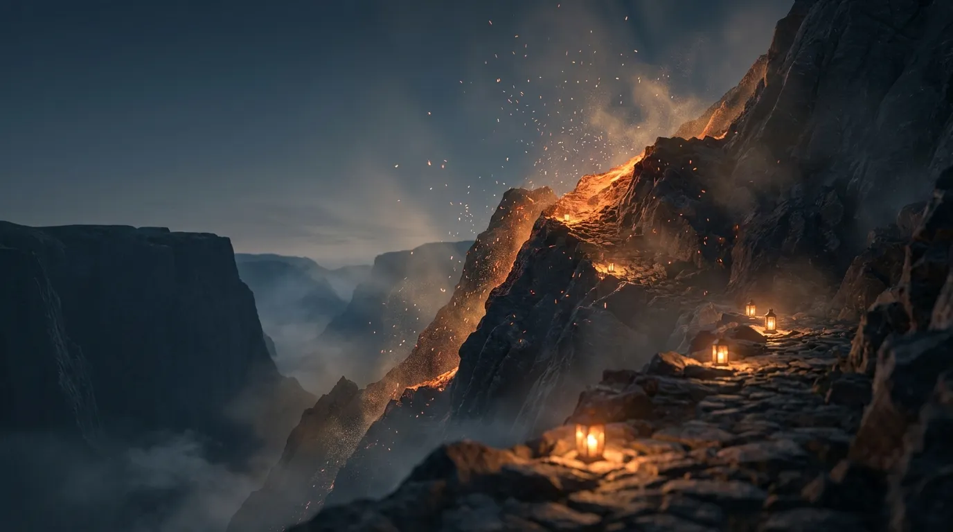 Cinematic 3D render of a basalt mountain ridge at dusk with glowing ember-orange light along the ridgeline, warm lanterns on 