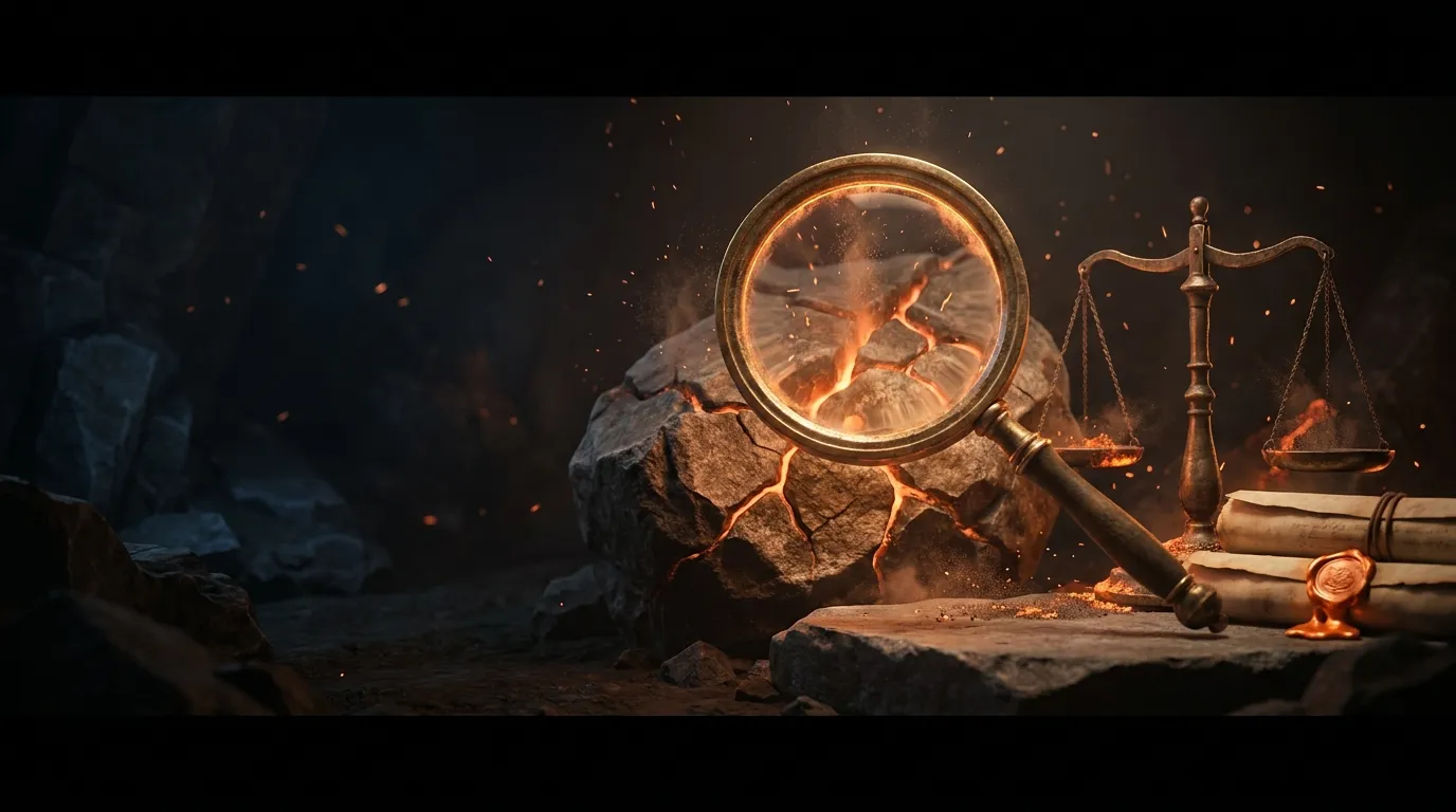 Cinematic 3D render of brass magnifying glass over cracked granite revealing glowing ember veins, bronze balance scale and wa