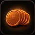 Glossy 3D icon of a fanned arc of copper coins engraved with circuit patterns, warm ember tones on a deep dark background
