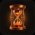 Premium glossy 3D copper hourglass icon with glowing ember sand, molten copper and amber rim light on deep basalt background