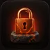 Glossy 3D icon of a molten copper padlock on a granite block with faint red warning glow and amber rim light on dark backgrou