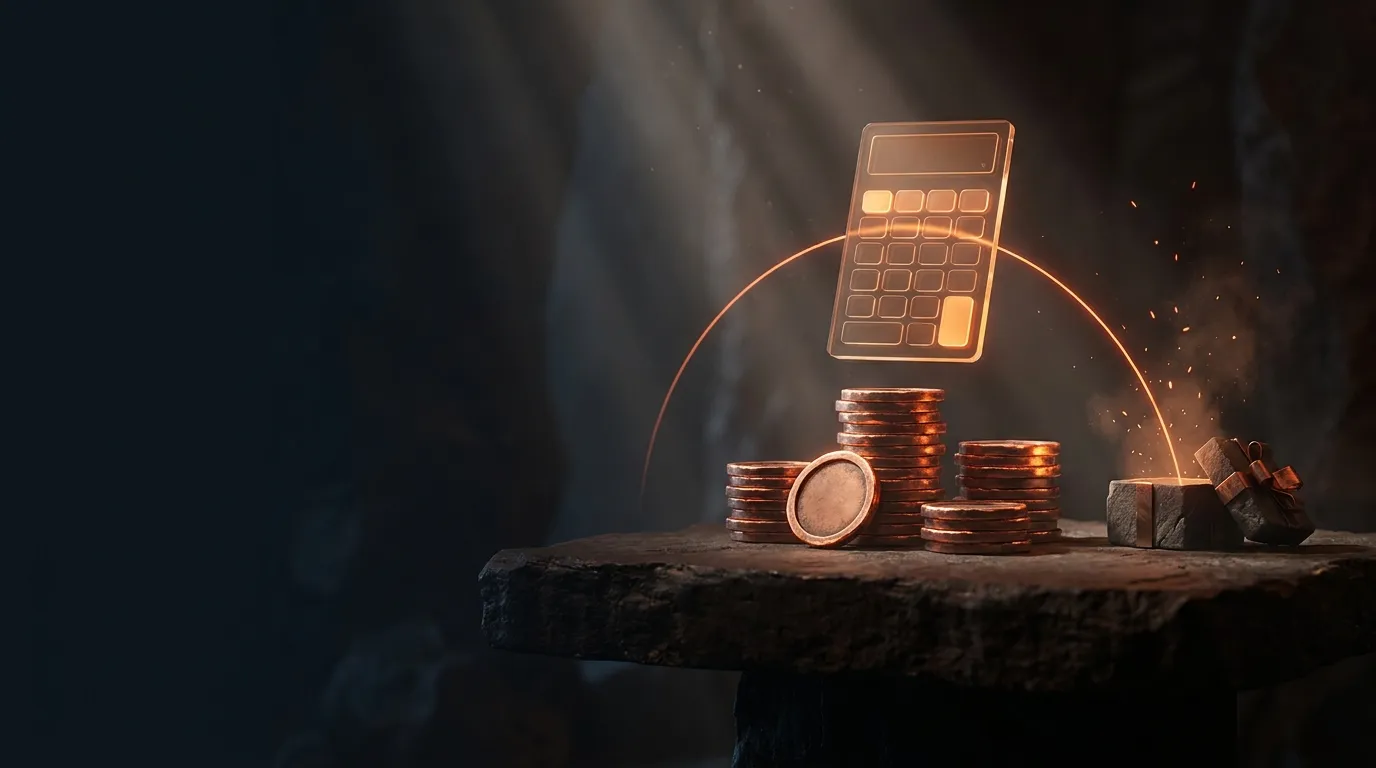 Stacks of copper tokens on a dark stone slab with a glowing calculator panel, ember-orange rising line, and a carved stone gi