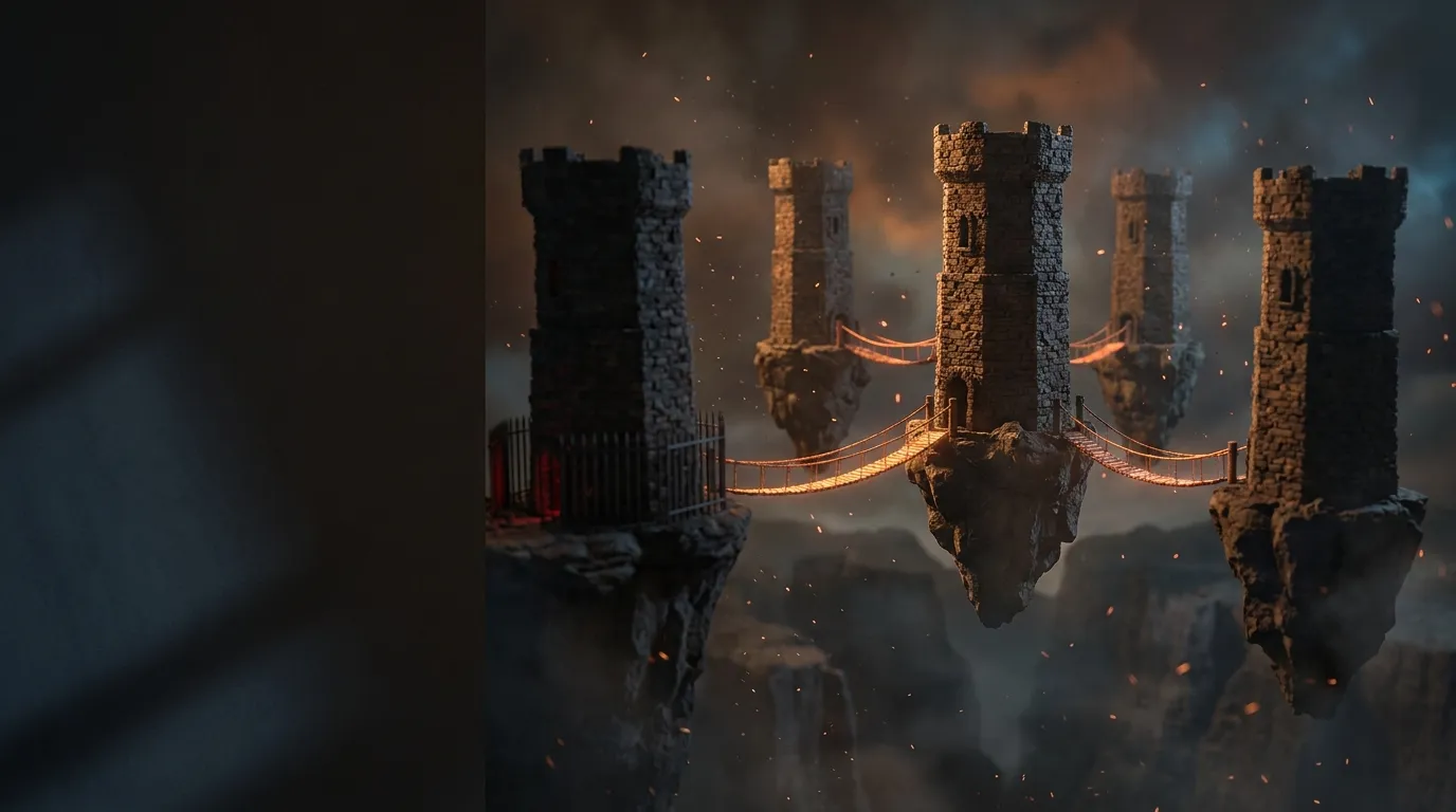 Cinematic 3D render of five stone towers on floating rock islands above a misty canyon, connected by glowing copper rope brid