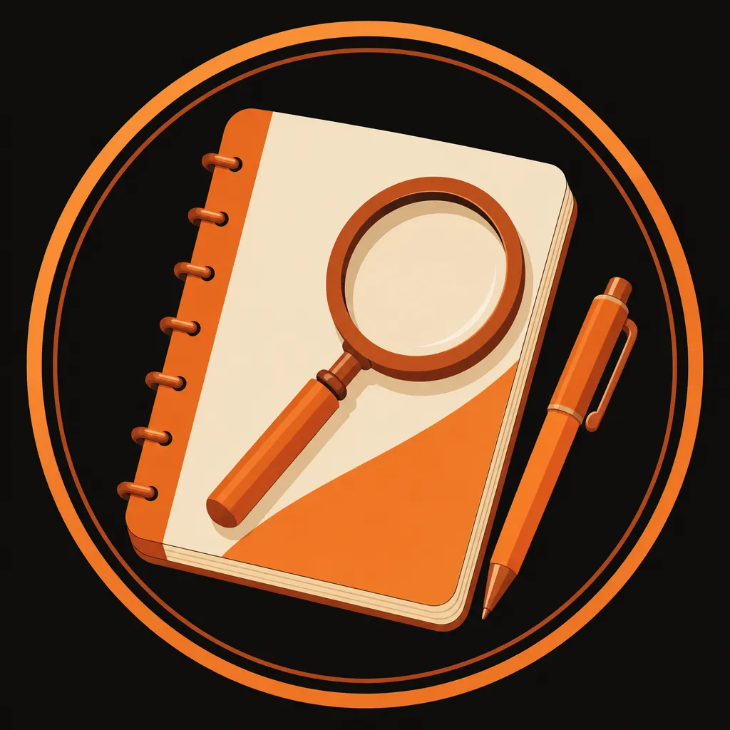 Flat vector badge with stylised notebook, magnifying glass and pen in ember orange, copper and cream on deep basalt backgroun