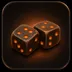 Premium glossy 3D icon of two carved stone dice with glowing ember-lit pips in molten copper and ember orange tones